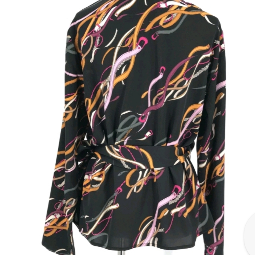Nine West Wrap Blouse Belt Print Black Multicolor Top Size L - Picture 7 of 8